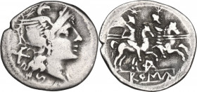 Pentagram (second) series. AR Denarius, uncertain mint, c. 206-200 BC. Obv. Helmeted head of Roma right; behind, X. Rev. The Dioscuri galloping right;...