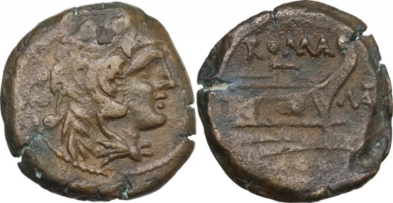 Matienus. AE Quadrans, 179-170 BC. Obv. Hercules. Rev. Prow. Cr. 162/6b. AE. 8.3...
