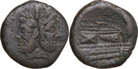 Anonymous series (?). AE As, 157-156 BC. Obv. Laureate head of Janus; above, I. Rev. Prow right. Cr. 197-198B/1. AE. 14.90 g. 29.50 mm. Apparently wit...