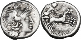 Anonymous. AR Denarius, circa 157-156 BC. Obv. Helmeted head of Roma right; behind, X. Rev. Victory in biga right; holdins reins in left hand and goad...