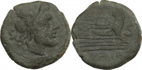 Anonymous. AE Semis, 157-156 BC. Rome(?) mint. Obv. Laureate head of Saturn right; behind, S. Rev. Prow of galley right; before, S. Cr. 198B/2; RBW -....