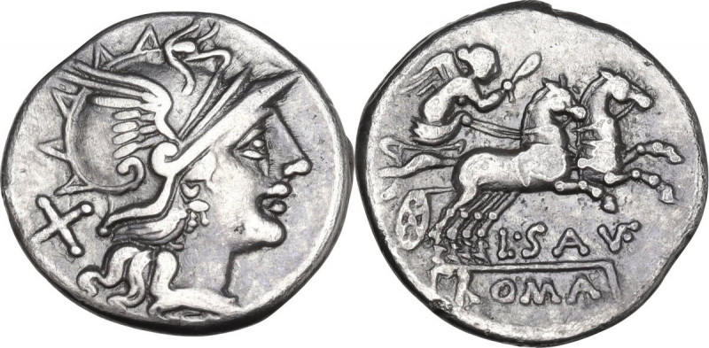L. Saufeius. AR Denarius. 152 BC. Rome mint. Obv. Head of Roma, right. Rev. Vict...