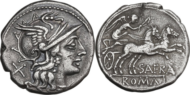 Spurius Afranius. AR Denarius, 150 BC. Obv. Helmeted head of Roma right, X behin...