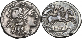 Spurius Afranius. AR Denarius, 150 BC. Obv. Helmeted head of Roma right, X behind. Rev. Victory in biga right; SAFRA below horses, ROMA in exergue. Cr...