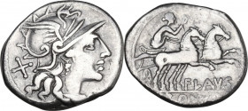 Decimius Flavus. AR Denarius. 150 BC. Rome mint. Obv. Helmeted head of Roma, right. Rev. Diana Lucifera in biga, right. Cr. 207/1. AR. 3.50 g. 19.50 m...
