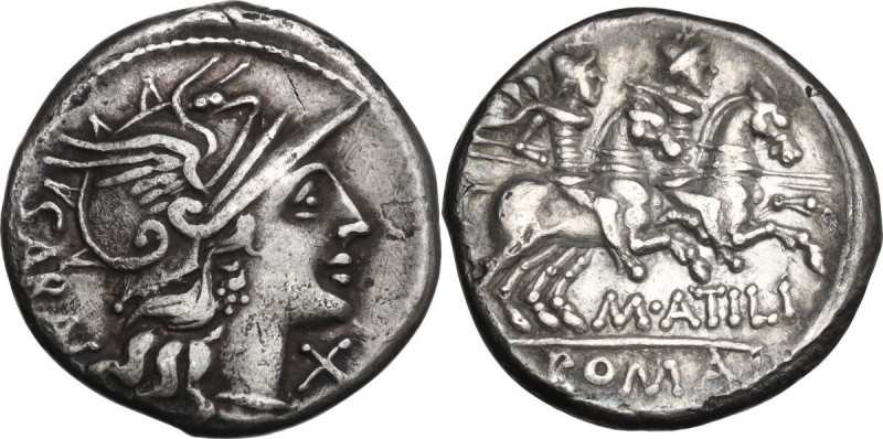 M. Atilius Saranus. AR Denarius, 148 BC. Obv. Helmeted head of Roma right; behin...