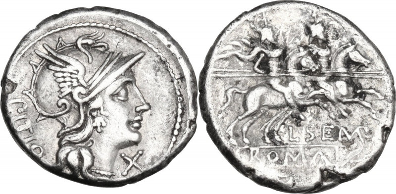 L. Sempronius Pitio. Denarius, Rome mint, 148 BC. Obv. Helmeted head of Roma rig...