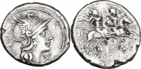L. Sempronius Pitio. Denarius, Rome mint, 148 BC. Obv. Helmeted head of Roma right; on the left, PITIO; on the right, X. Rev. The Dioscuri galloping r...