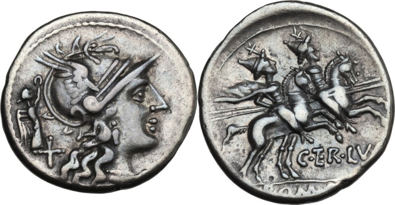 C. Terentius Lucanus. AR Denarius, 147 BC. Obv. Head of Roma right, helmeted; be...