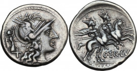 C. Terentius Lucanus. AR Denarius, 147 BC. Obv. Head of Roma right, helmeted; behind, Victory. Rev. Dioscuri galloping right. Cr. 217/1. AR. 3.70 g. 2...