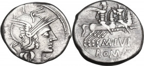 M. Junius Silanus. AR Denarius. 145 BC. Rome mint. Obv. Helmeted head of Roma, right. Rev. Dioscuri galloping, right. Cr. 220/1. AR. 3.80 g. 19.00 mm....