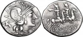 M. Junius Silanus. AR Denarius. 145 BC. Rome mint. Obv. Helmeted head of Roma, right. Rev. Dioscuri galloping, right. Cr. 220/1. AR. 3.30 g. 18.50 mm....