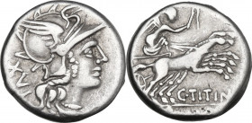 C. Titinius. AR Denarius, 141 BC. Obv. Helmeted head of Roma right; behind, XVI. Rev. Victory in biga right, holding whip and reins; below, C.TITINI; ...