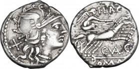 C. Valerius C.f. Flaccus. AR Denarius, 140 BC. Obv. Helmeted head of Roma right; X behind. Rev. Victory in biga right, FLAC above, C. VAL. C.F. below ...