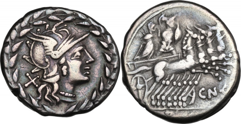 Cn. Gellius. AR Denarius, 138 BC. Obv. Helmeted head of Roma right, X behind, al...