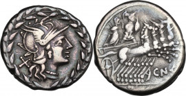 Cn. Gellius. AR Denarius, 138 BC. Obv. Helmeted head of Roma right, X behind, all within laurel-wreath. Rev. Mars and Nerio in quadriga right; below h...