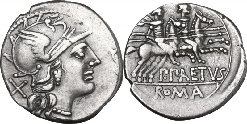 P. Aelius Paetus. AR Denarius. 138 BC. Rome mint. Obv. Helmeted head of Roma, ri...