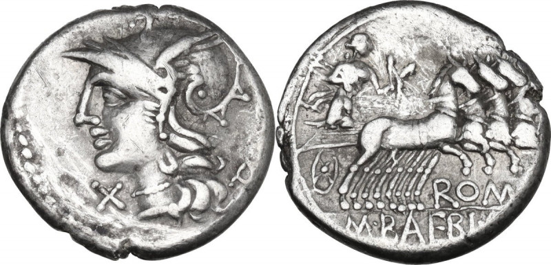 M. Baebius Q. f. Tampilus. AR Denarius, 137 BC. Obv. Helmeted head of Roma left,...