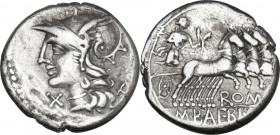 M. Baebius Q. f. Tampilus. AR Denarius, 137 BC. Obv. Helmeted head of Roma left, wearing necklace of pendants; below chin, X; behind, TAMPIL. Rev. Apo...