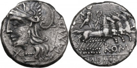 M. Baebius Q. f. Tampilus. AR Denarius, 137 BC. Obv. Head of Roma left, helmeted. Rev. Apollo in quadriga right; holding bow and arrow, reins and bran...