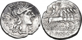 L. Antestius Gragulus. AR Denarius, 136 BC. Obv. Helmeted head of Roma right; below chin, X; behind, GRAG. Rev. Jupiter in biga right; below, L·ANTES ...