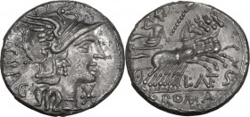 L. Antestius Gragulus. AR Denarius, 136 BC. Obv. Helmeted head of Roma right; below chin, X; behind, GRAG. Rev. Jupiter in fast quadriga right, hurlin...