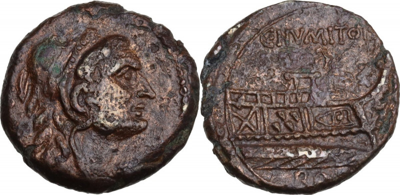 C. Numitorius C.f. AE Quadrans, 133 BC. Obv. Head of Hercules right, wearing lio...