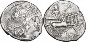 L. Minucius. AR Denarius, 133 BC. Obv. Head of Roma right, helmeted. Rev. Jupiter in quadriga right, holding scepter and hurling thunderbolt. Cr. 248/...