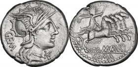 M. Aburius Geminus. AR Denarius. Obv. Helmeted head of Roma, right. Rev. Sol in quadriga, right. Cr. 250/1. AR. 3.80 g. 19.00 mm. Good VF.