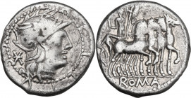 M. Acilius M.f. AR Denarius, 130 BC. Obv. Helmeted head of Roma right; behind, XVI monogram; around, M. ACILIVS M.F. within double border dots. Rev. H...