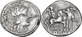 M. Vargunteius. AR Denarius, 130 BC. Obv. Helmeted head of Roma right, M. VARG behind, X below chin. Rev. Jupiter in walking quadriga right; in exergu...