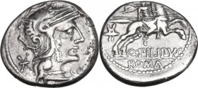 Q. Philippus. AR Denarius. 129 BC. Rome mint. Obv. Helmeted head of Roma, right. Rev. Horseman galloping, right. Cr. 259/1. AR. 3.80 g. 18.00 mm. VF/ ...