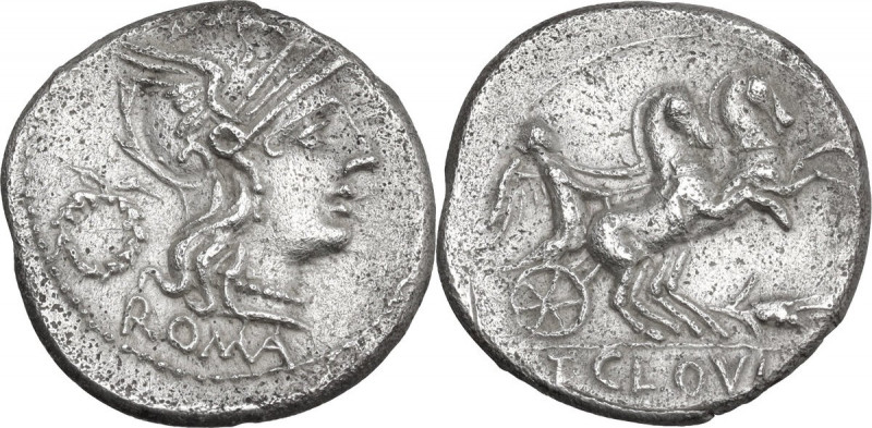 T. Cloelius. AR Denarius. 128 BC. Rome mint. Obv. Helmeted head of Roma, right; ...