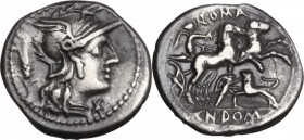 Cn. Domitius Ahenobarbus. AR Denarius. 128 BC. Obv. Helmeted head of Roma, right. Rev. Victory in biga, right. Cr. 261/1; B. 14. AR. 3.80 g. 19.70 mm....