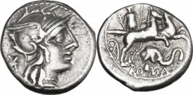 L. Caecilius Metellus Diadematus or Delmaticus. AR Denarius, 128 BC. Obv. Helmeted head of Roma right; behind, XVI monogram. Rev. Goddess in biga righ...