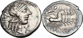 M. Fannius C. f. AR Denarius, 123 BC. Obv. Helmeted head of Roma right; behind, ROMA; below chin, X. Rev. Victory in quadriga right; in exergue, M·FAN...