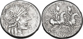 C. Plutius. AR Denarius, 121 BC. Obv. Helmeted head of Roma right; behind, X. Rev. The Dioscuri galloping right; below, C. PLVTI; in exergue, ROMA. Cr...