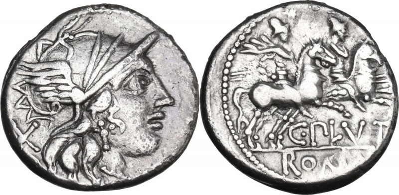 C. Plutius. AR Denarius. 121 BC. Rome mint. Obv. Helmeted head of Roma, right. R...