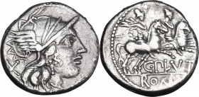 C. Plutius. AR Denarius. 121 BC. Rome mint. Obv. Helmeted head of Roma, right. Rev. Dioscuri galloping, right. Cr. 278/1. AR. 3.80 g. 18.00 mm. VF/ Go...
