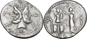 M. Furius L.f. Philus. AR Denarius, 119 BC. Obv. M. FOVRI. L. F. Laureate head of Janus. Rev. Roma standing left erecting trophy; to right, ROMA; in e...