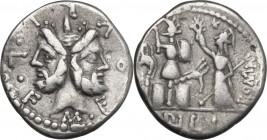 M. Furius Philus. AR Denarius, 119 BC. Obv. Janus. Rev. Roma crowning trophy. Cr. 281/1; B. (Furia) 18. AR. 3.40 g. 19.50 mm. About VF/VF.