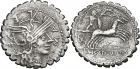 Cn. Domitius Ahenobarbus, L. Licinius Crassus, C. Malleolus. AR Serrate Denarius. 118 BC. Obv. Helmeted head of Roma, right. Rev. Naked warrior in big...