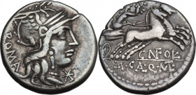 Cn. Fulvius, M. Calidius and Q. Metellus. AR Denarius, 117-116 BC. Obv. Helmeted head of Roma right; XVI monogram below chin, ROMA behind. Rev. Victor...