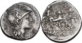 T. Manlius Mancinus, Appius Claudius Pulcher and Q. Urbinius. AR Denarius, 111-110 BC. Obv. Helmeted head of Roma right; behind, quadrangular device. ...
