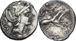 L. Flaminius Chilo. AR Denarius, 109 or 108 BC. Obv. Helmeted head of Roma right; behind, ROMA; before, X. Rev. Victory in biga right, holding reins a...