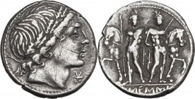 L. Memmius. Denarius, 109 or 108 BC. Obv. Male head right (Apollo?) wearing oak-wreath; below chin, barred X. Rev. The Dioscuri standing facing betwee...