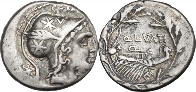 Q. Lutatius Cerco. AR Denarius, 109-108 BC. Obv. Head of Roma right, wearing hel...
