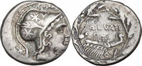 Q. Lutatius Cerco. AR Denarius, 109-108 BC. Obv. Head of Roma right, wearing helmet decorated with stars; behind, X with central bar; above, ROMA; bel...