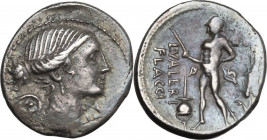 L. Valerius Flaccus. AR Denarius, 108-107 BC. Obv. Draped bust of Victory right; below chin, XVI monogram. Rev. L. VALERI/FLACCI. Mars walking left, h...