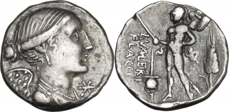 L. Valerius Flaccus. AR Denarius, 108-107 BC. Obv. Draped bust of Victory right;...